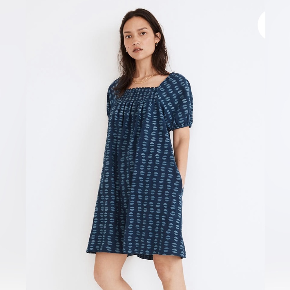 NWT Madewell Puff-Sleeve A-Line Mini Dress in Indigo Block Print